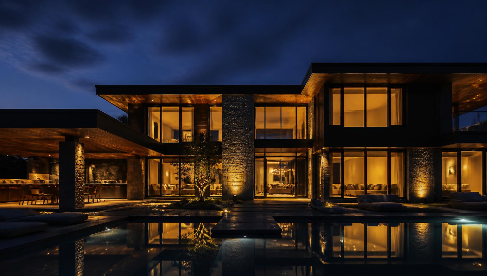 Award-winning custom home lit at dusk